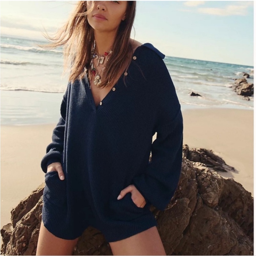 FP Beach by Free People Black Ribbed Henley Sweater Knit Pullover – S NWT